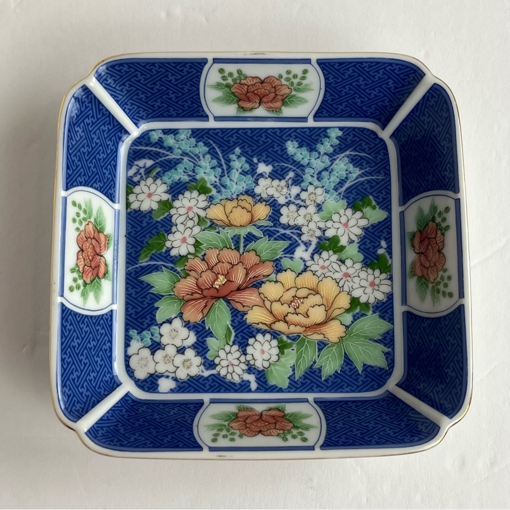 Echo Takahashi Blue Floral Chinoiserie Dish Hand Decorated Square 1980 Vintage